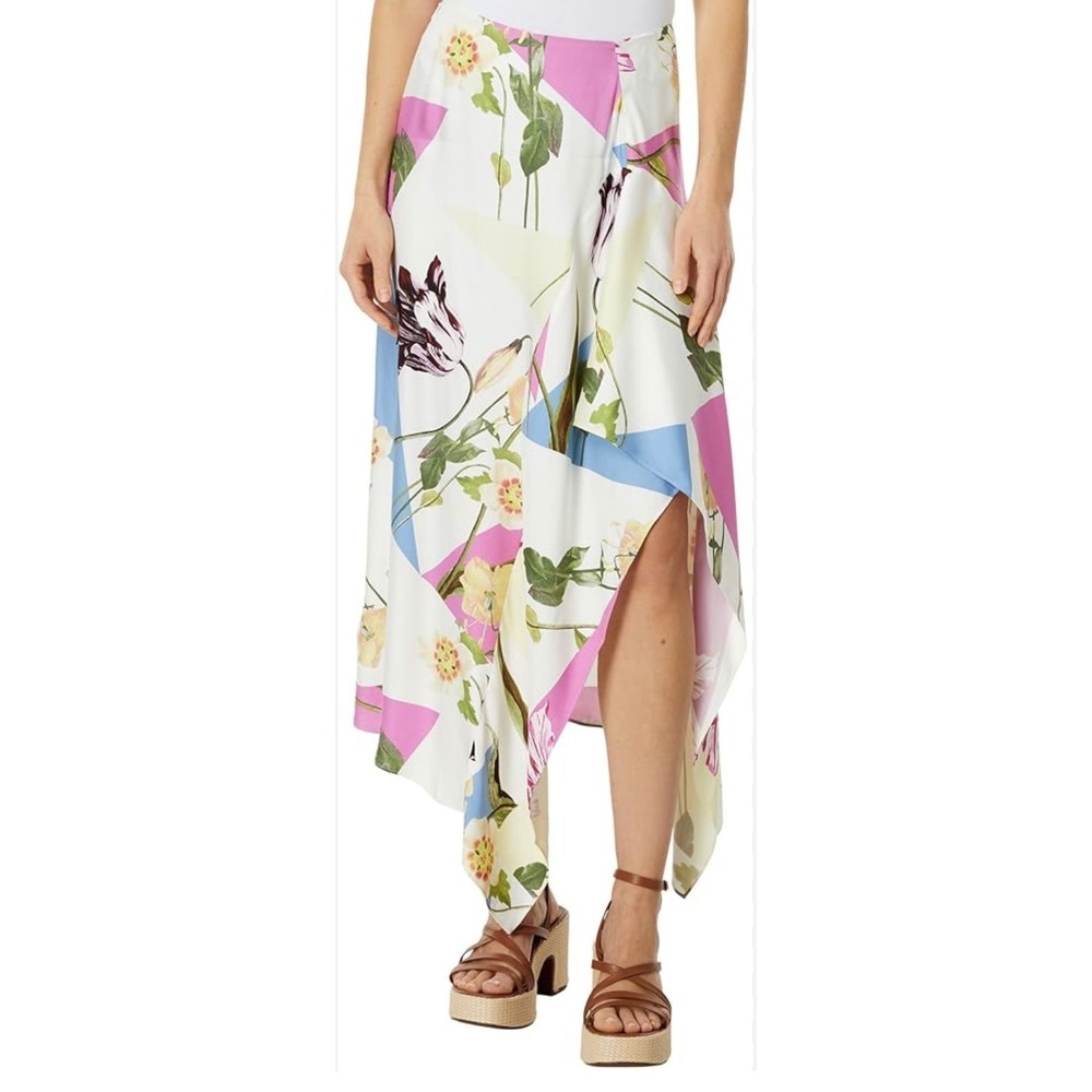 Ted Baker Saphiya Floral Geometric Asymmetric Midi Skirt White Pink Size 5 NEW